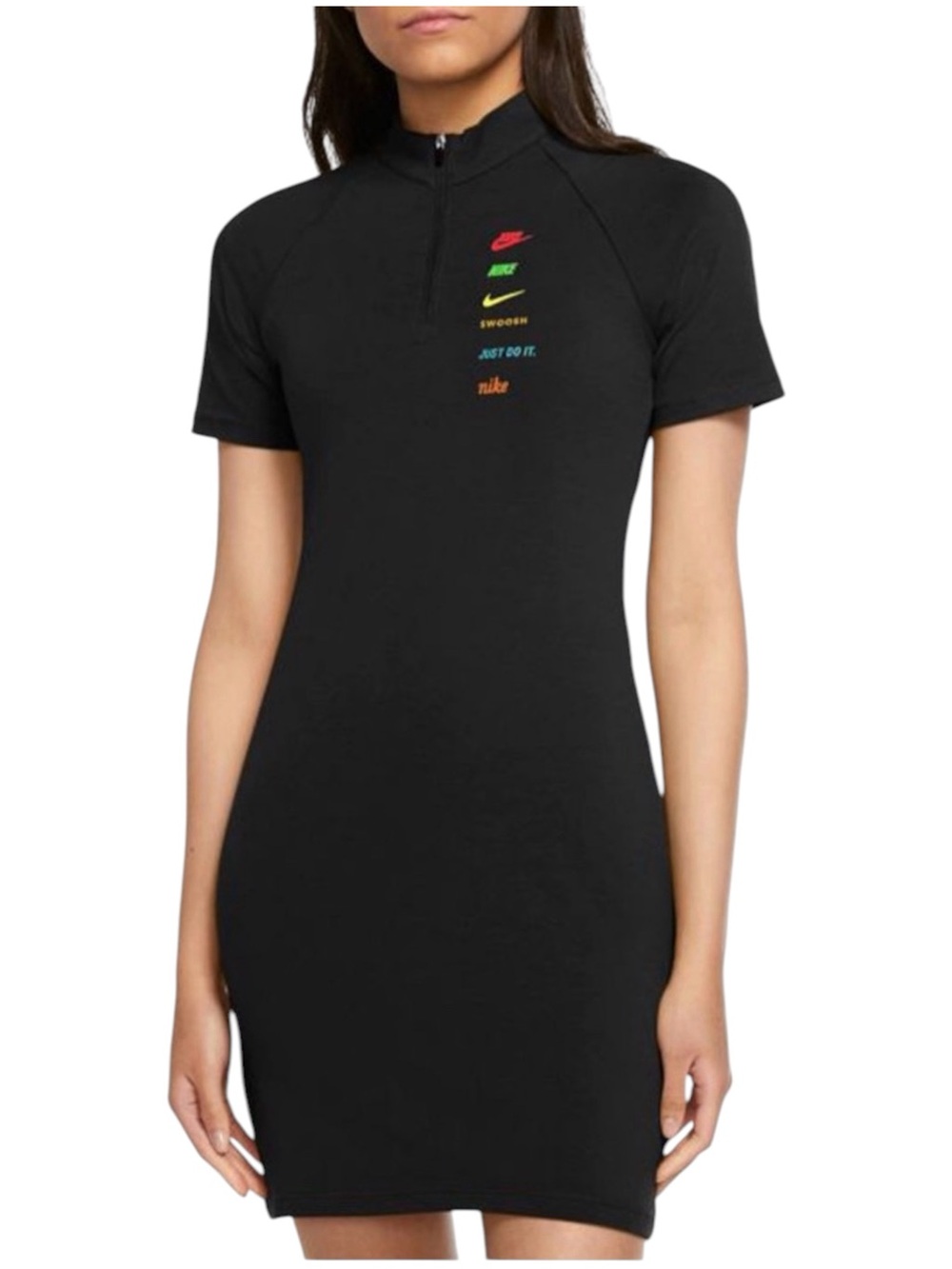 Nike Swoosh Black Logo High Neck Short Sleeve Mini Dress MEDIUM